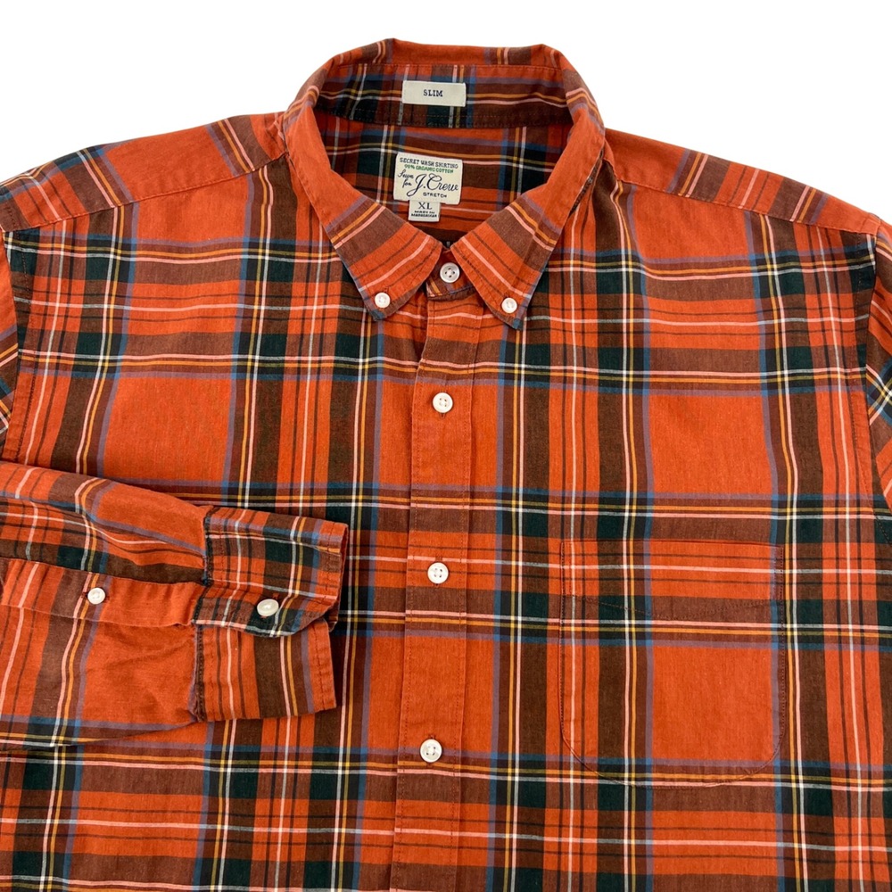 J. Crew Mens Secret Wash Slim Fit Plaid Shirt Burnt Orange‎ Organic Cotton XL